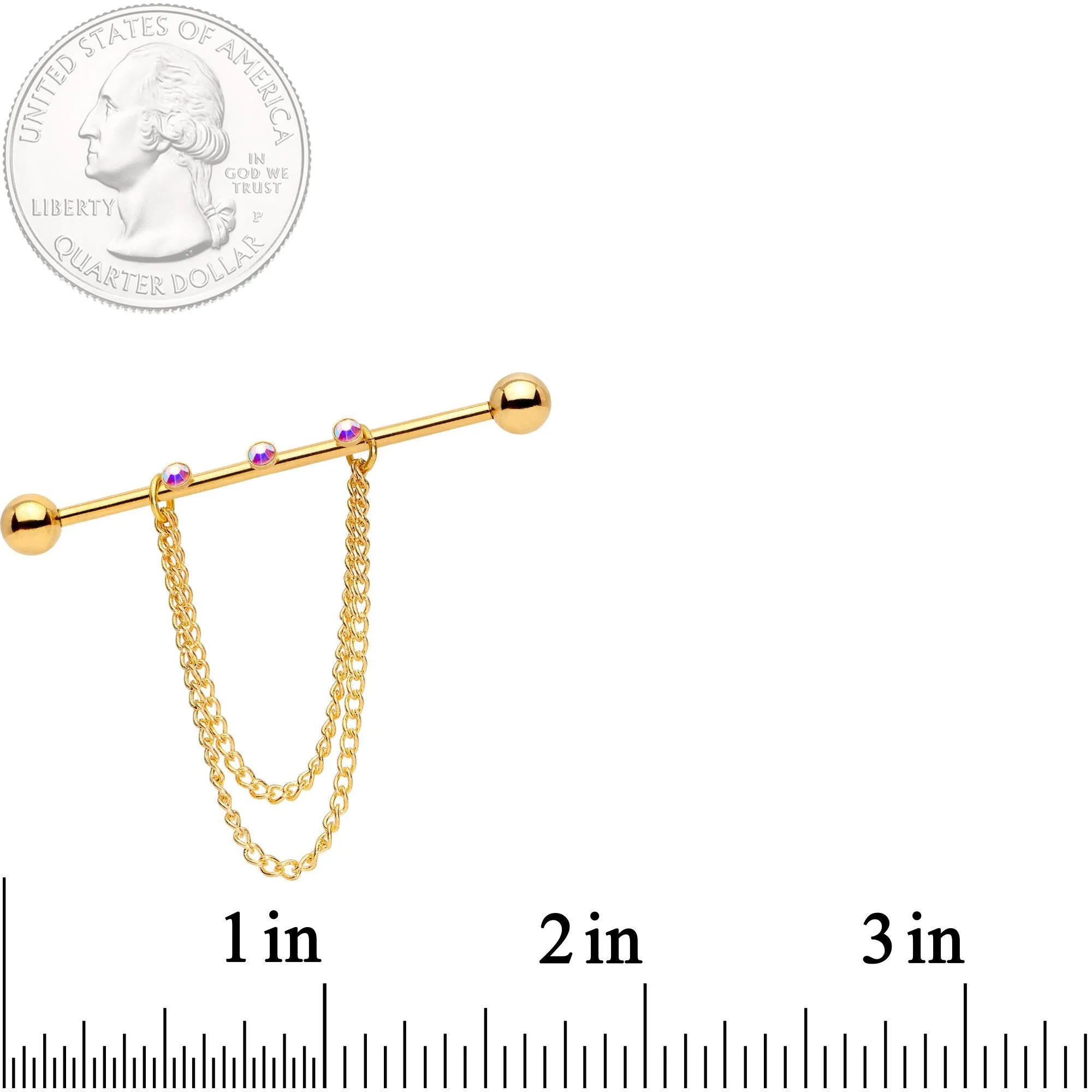 14 Gauge Handmade Aurora Gem Gold Tone Chain Dangle Industrial Barbell