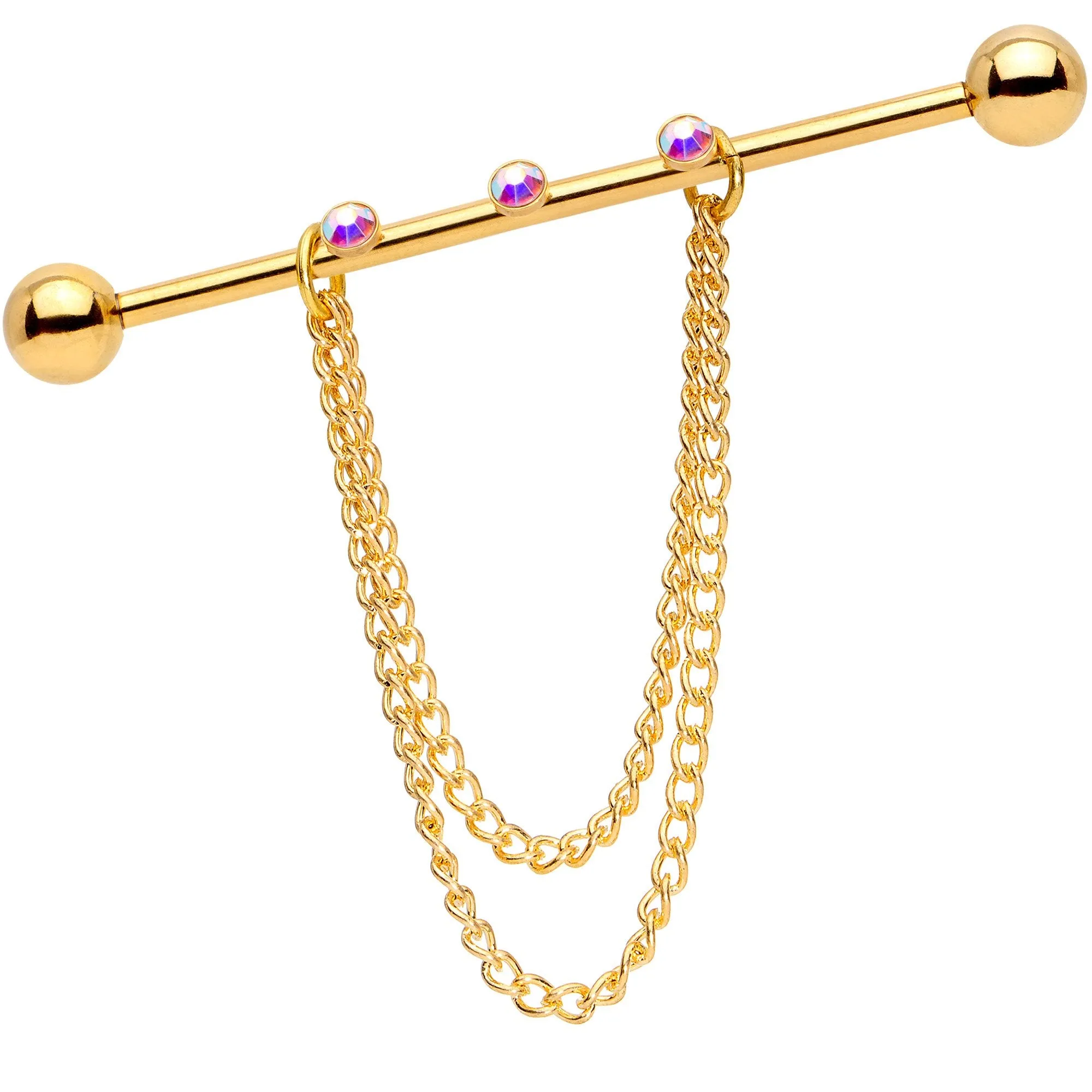 14 Gauge Handmade Aurora Gem Gold Tone Chain Dangle Industrial Barbell