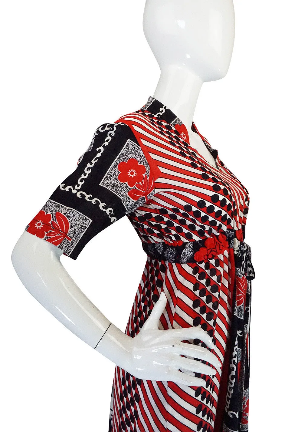 1960s Dramatic Cotton Print Red Maxi Dress