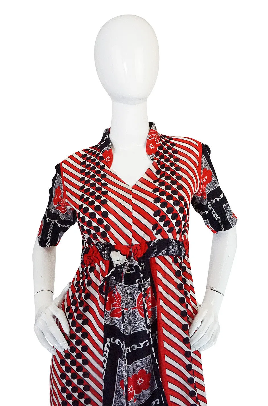 1960s Dramatic Cotton Print Red Maxi Dress