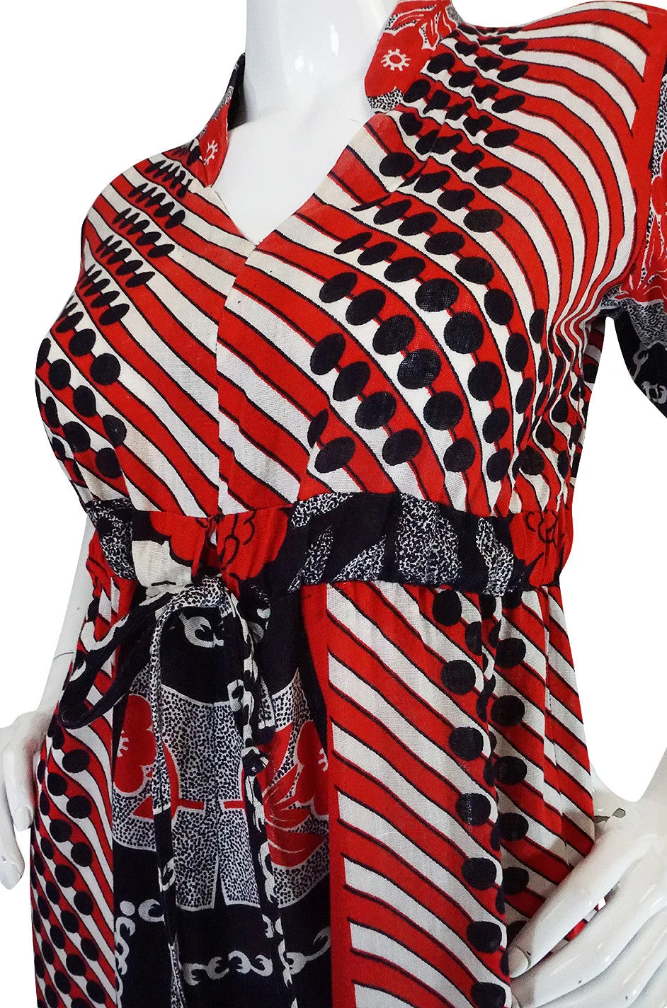 1960s Dramatic Cotton Print Red Maxi Dress