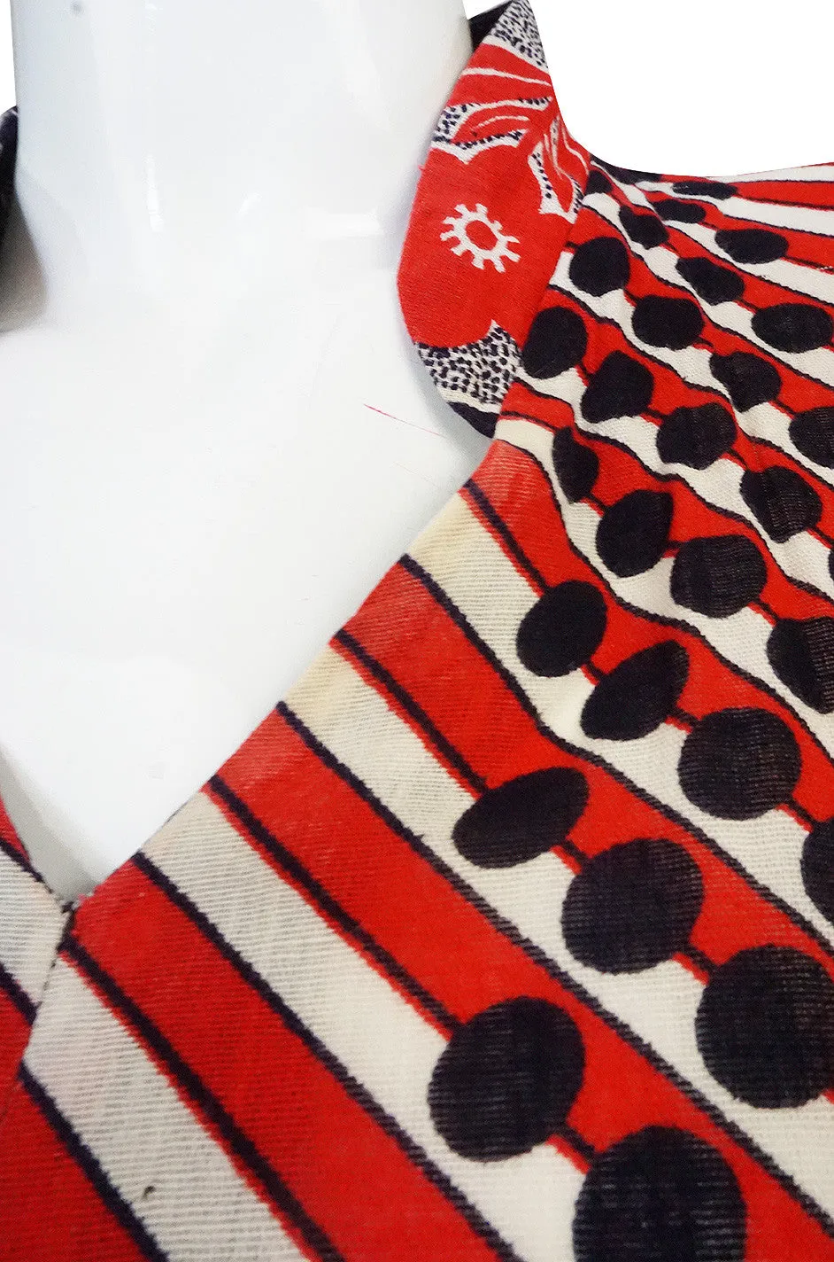 1960s Dramatic Cotton Print Red Maxi Dress