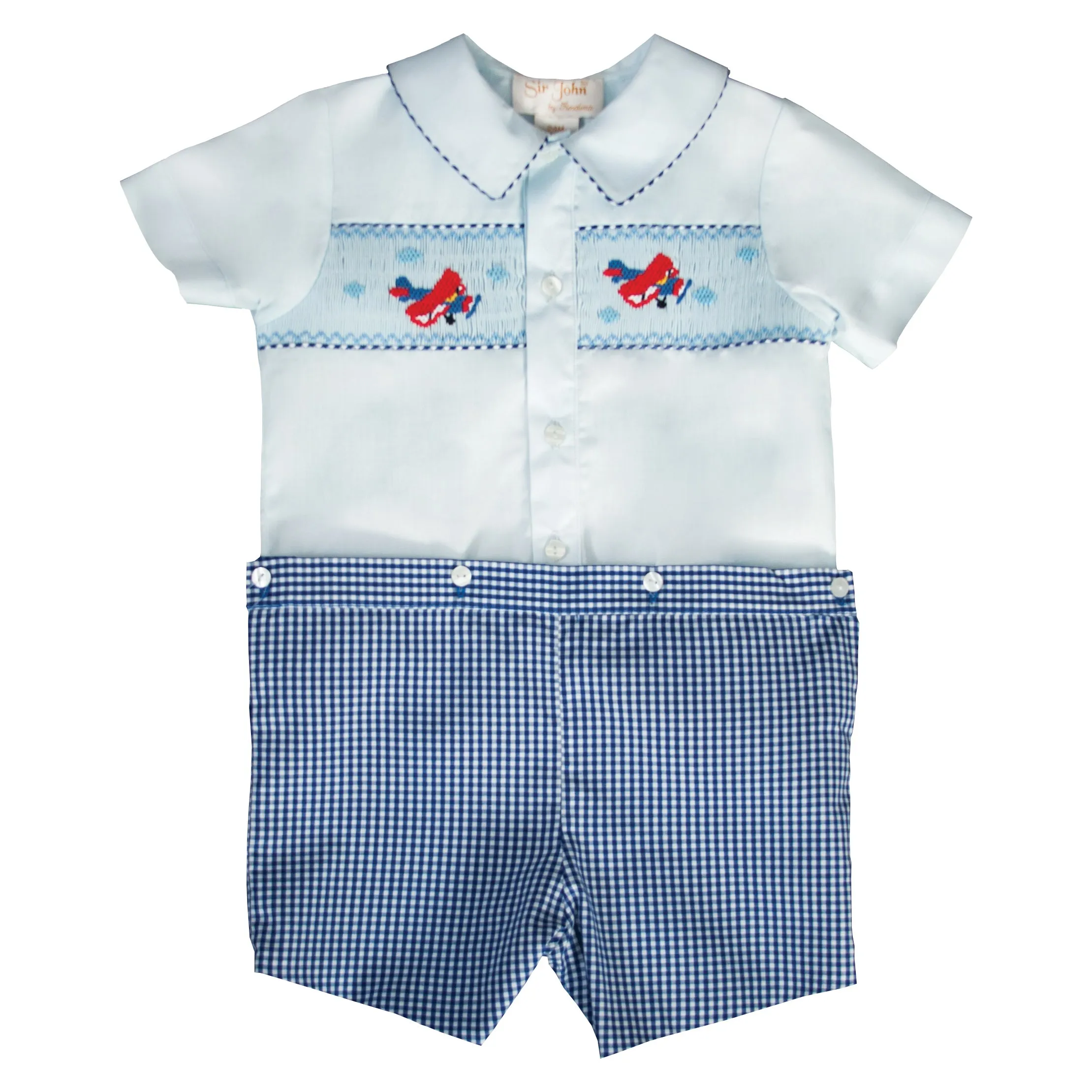 Airplanes Light Blue & Navy Gingham Smocked Button-On Short Set