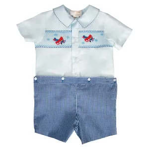 Airplanes Light Blue & Navy Gingham Smocked Button-On Short Set