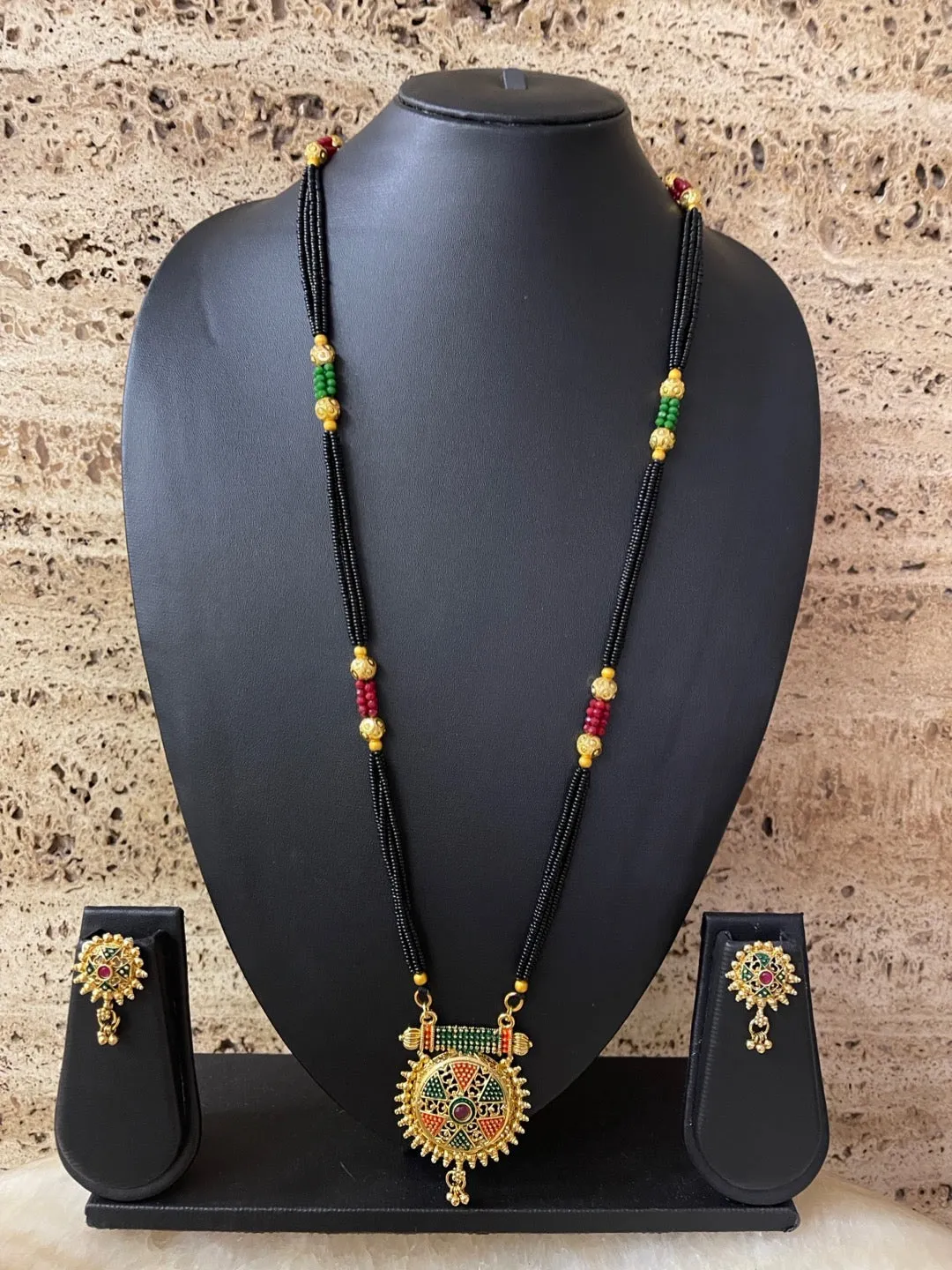 Artificial Mangalsutra Set With Earrings Gold Plated 4 Line Black Beads Long Mangalsutra Designs