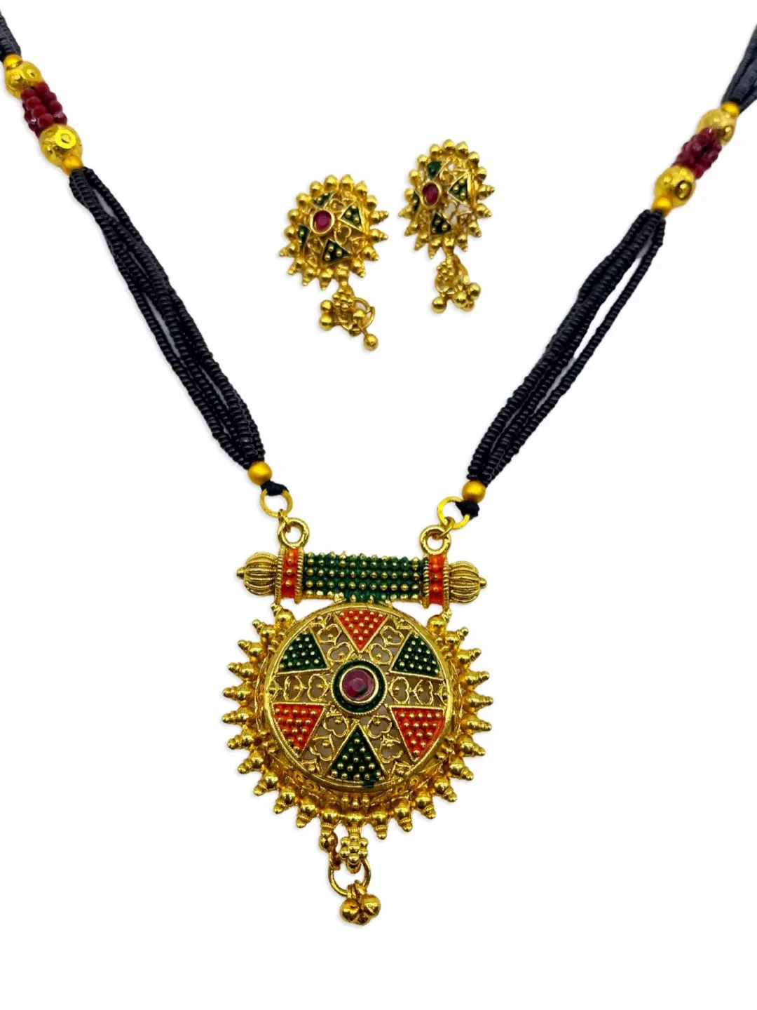 Artificial Mangalsutra Set With Earrings Gold Plated 4 Line Black Beads Long Mangalsutra Designs
