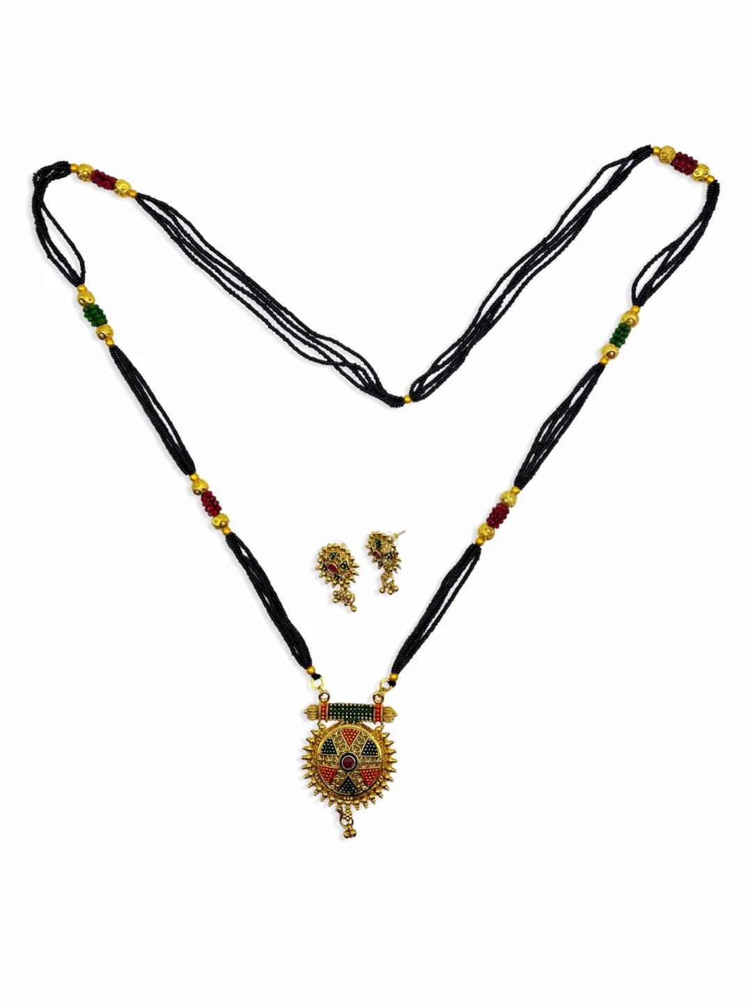 Artificial Mangalsutra Set With Earrings Gold Plated 4 Line Black Beads Long Mangalsutra Designs