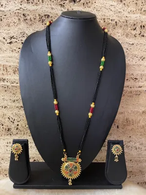 Artificial Mangalsutra Set With Earrings Gold Plated 4 Line Black Beads Long Mangalsutra Designs