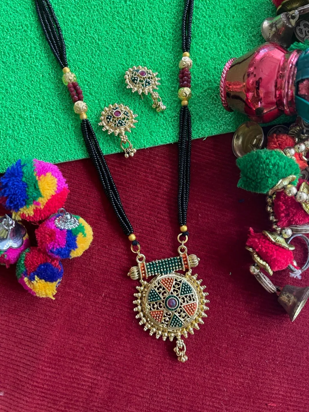 Artificial Mangalsutra Set With Earrings Gold Plated 4 Line Black Beads Long Mangalsutra Designs