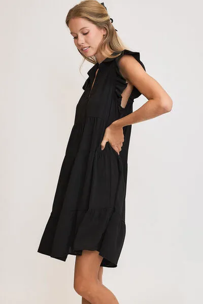 Black Ruffle Cap Sleeve Tiered Dress Small-2XL