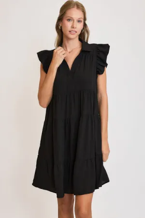 Black Ruffle Cap Sleeve Tiered Dress Small-2XL