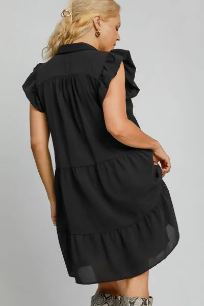 Black Ruffle Cap Sleeve Tiered Dress Small-2XL