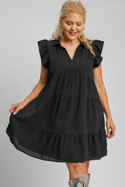Black Ruffle Cap Sleeve Tiered Dress Small-2XL