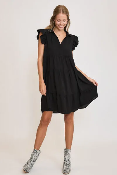 Black Ruffle Cap Sleeve Tiered Dress Small-2XL