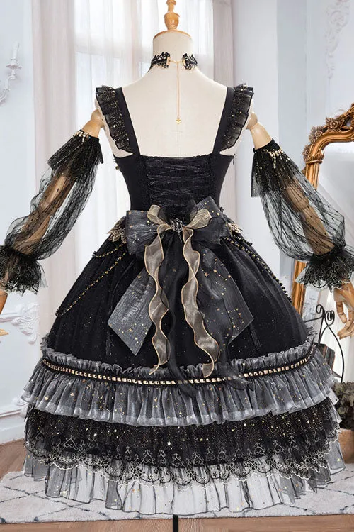 Black Starry Night Square Collar Bowknot Multi-Layer Ruffled Cardigan Gothic Lolita JSK Dress with Detached Sleeves