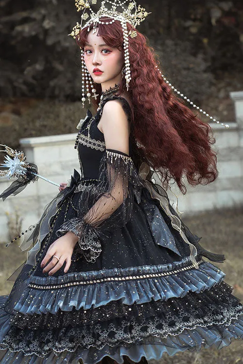 Black Starry Night Square Collar Bowknot Multi-Layer Ruffled Cardigan Gothic Lolita JSK Dress with Detached Sleeves