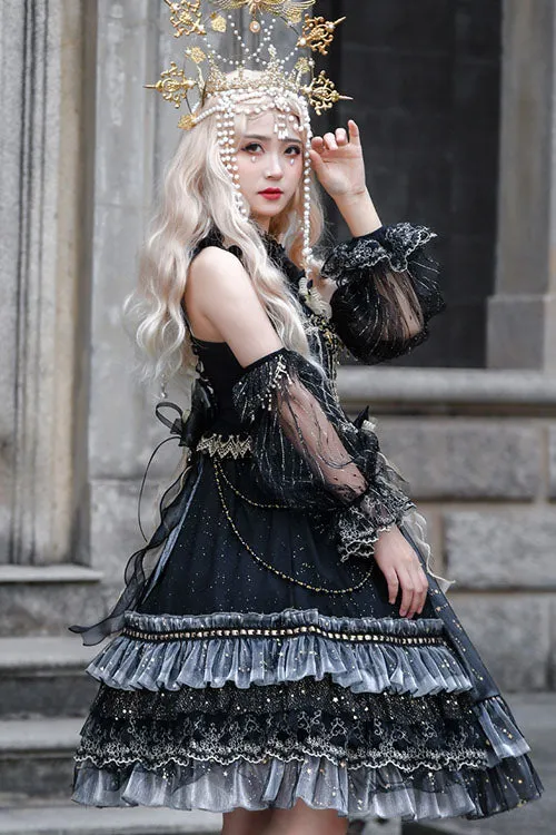 Black Starry Night Square Collar Bowknot Multi-Layer Ruffled Cardigan Gothic Lolita JSK Dress with Detached Sleeves