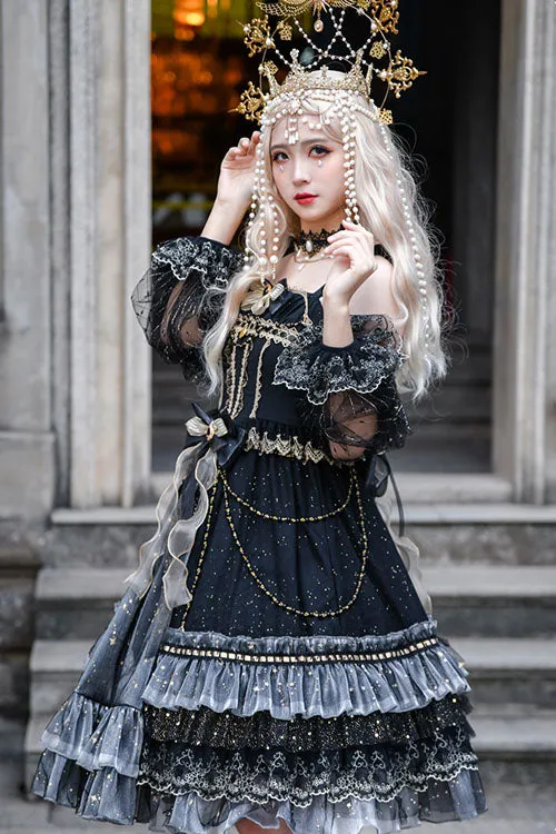 Black Starry Night Square Collar Bowknot Multi-Layer Ruffled Cardigan Gothic Lolita JSK Dress with Detached Sleeves