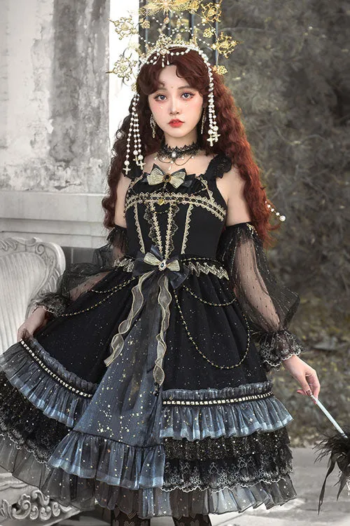 Black Starry Night Square Collar Bowknot Multi-Layer Ruffled Cardigan Gothic Lolita JSK Dress with Detached Sleeves