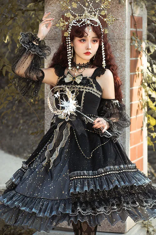 Black Starry Night Square Collar Bowknot Multi-Layer Ruffled Cardigan Gothic Lolita JSK Dress with Detached Sleeves