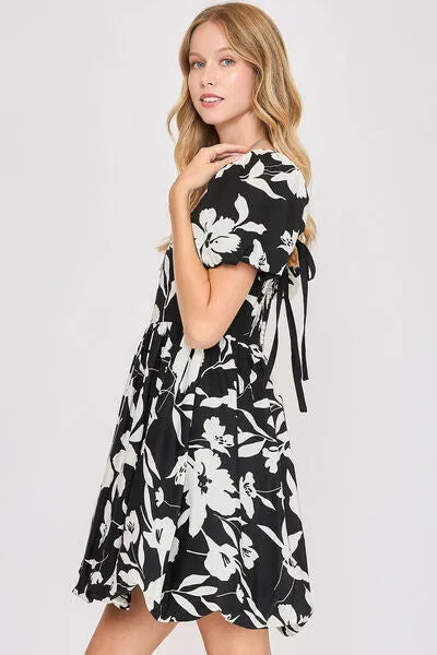 Black/White Two Tone Floral Print Babydoll Dress