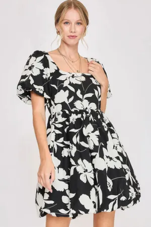 Black/White Two Tone Floral Print Babydoll Dress