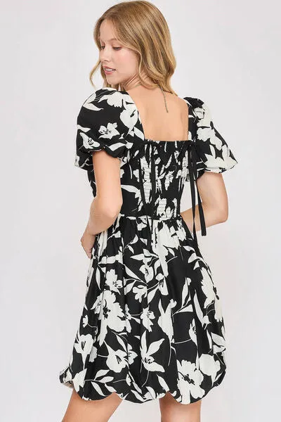 Black/White Two Tone Floral Print Babydoll Dress
