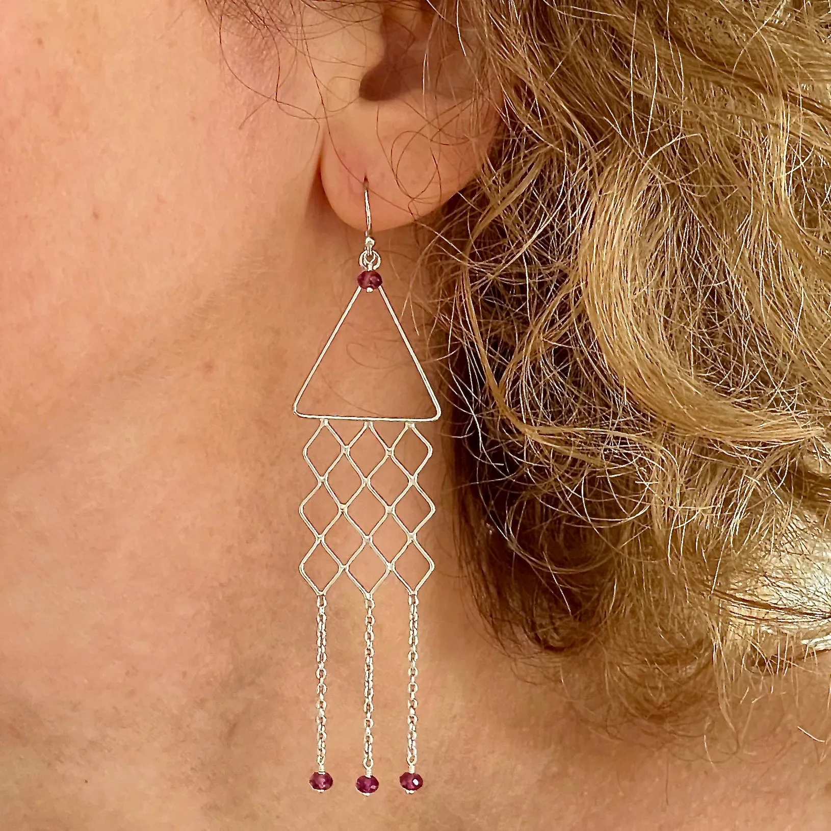 Chandelier Sterling Silver Earrings with Dangle Chains and Faceted Rhodolite Garnet Drops