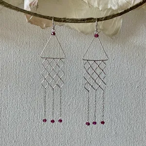 Chandelier Sterling Silver Earrings with Dangle Chains and Faceted Rhodolite Garnet Drops