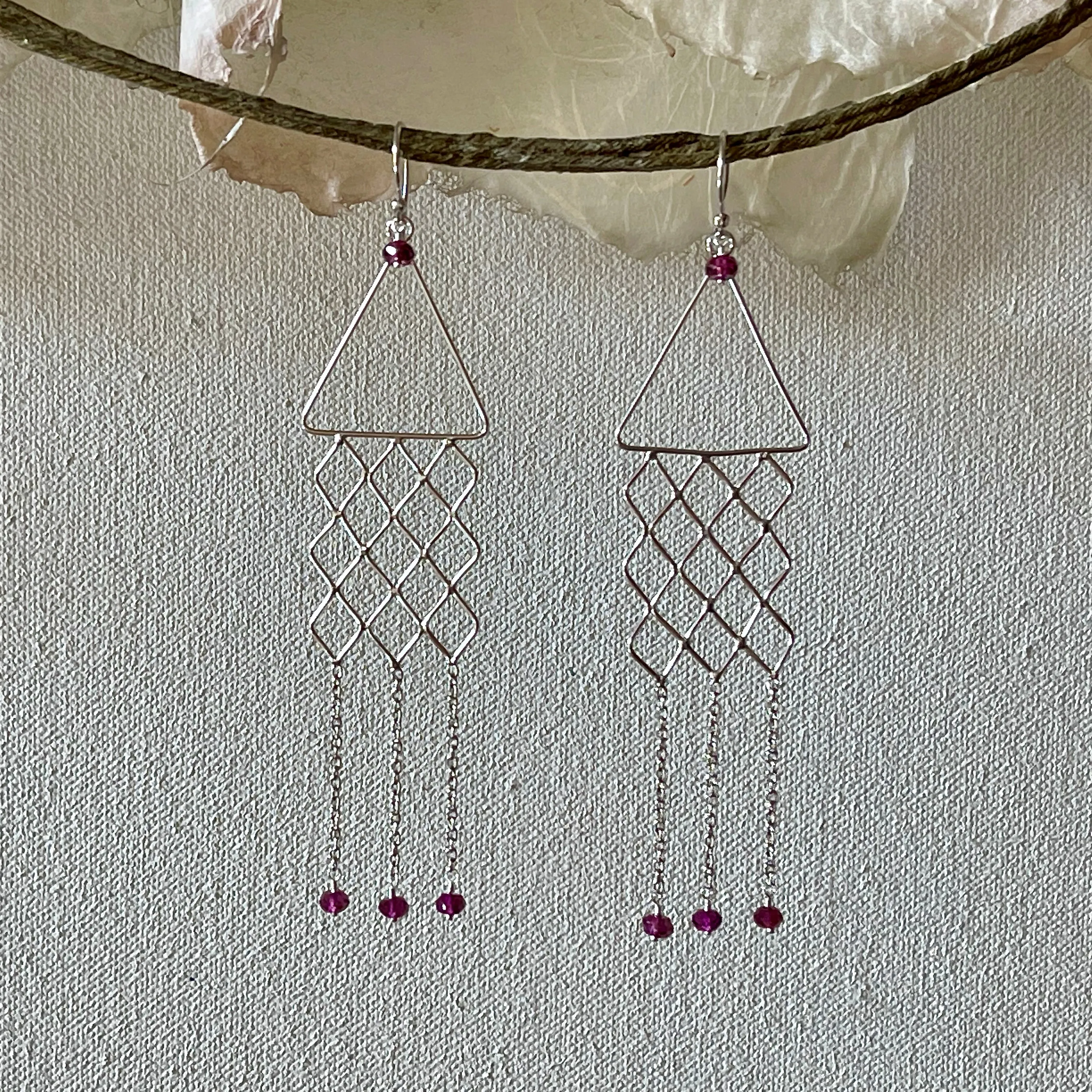 Chandelier Sterling Silver Earrings with Dangle Chains and Faceted Rhodolite Garnet Drops