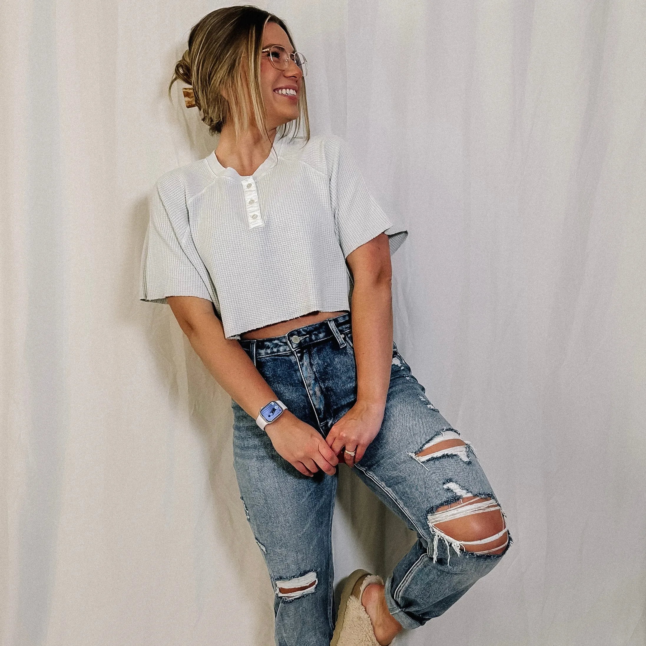 Chill Out Waffle Knit Henley Crop Top - Mist