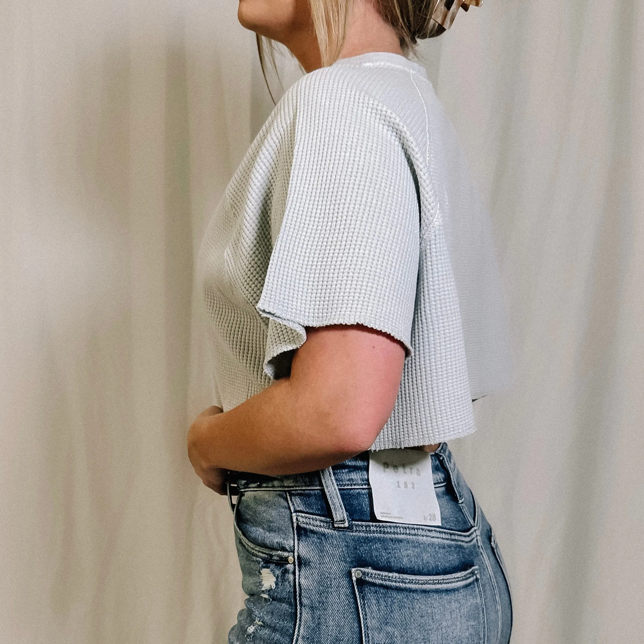 Chill Out Waffle Knit Henley Crop Top - Mist