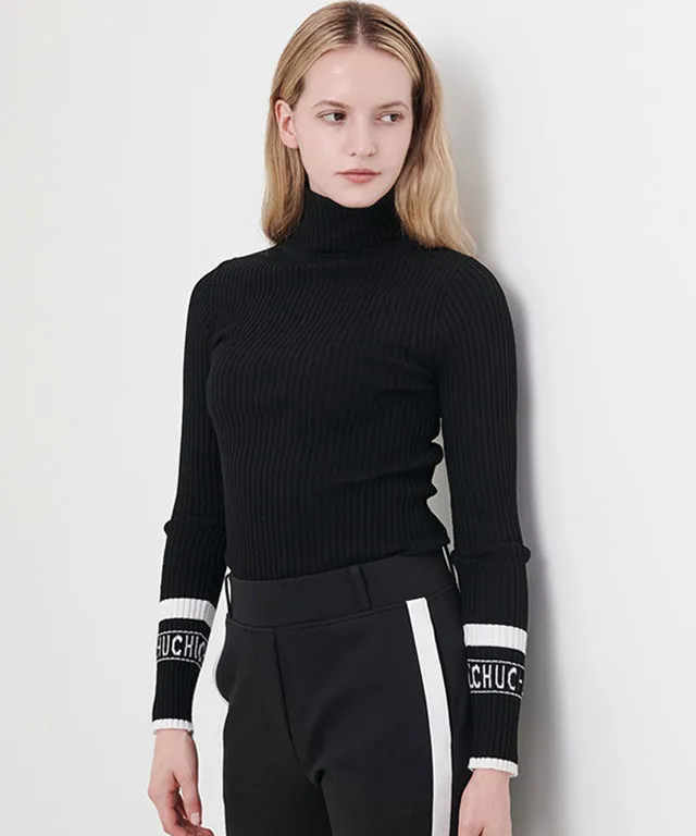 CHUCUCHU High-Neck Ribbed Knit Top - Black