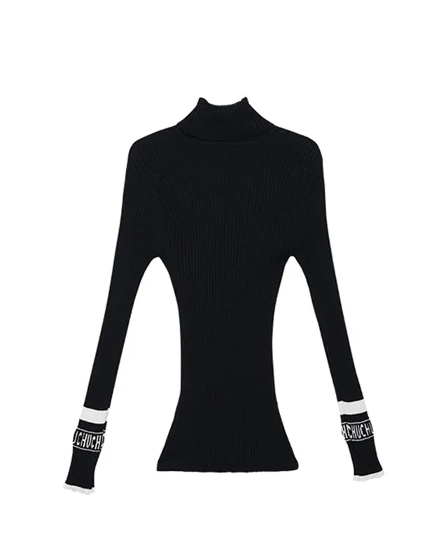 CHUCUCHU High-Neck Ribbed Knit Top - Black