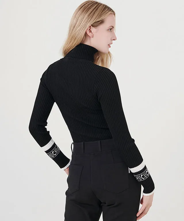 CHUCUCHU High-Neck Ribbed Knit Top - Black