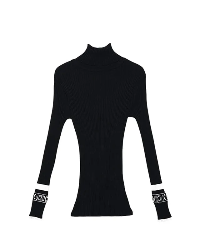 CHUCUCHU High-Neck Ribbed Knit Top - Black