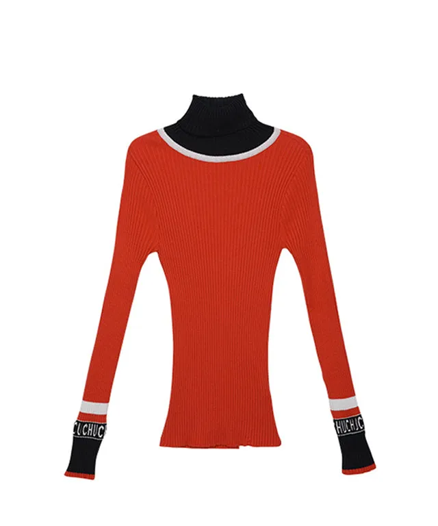 CHUCUCHU High-Neck Ribbed Knit Top - Red