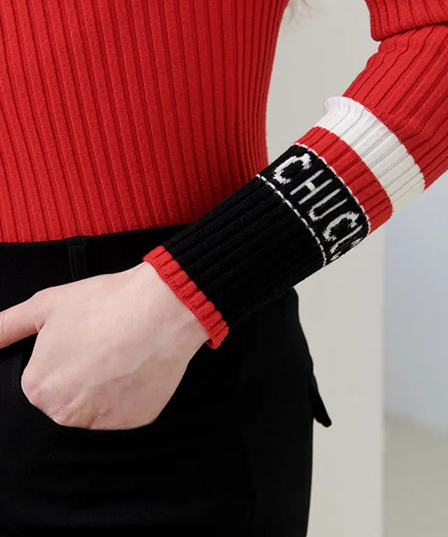 CHUCUCHU High-Neck Ribbed Knit Top - Red