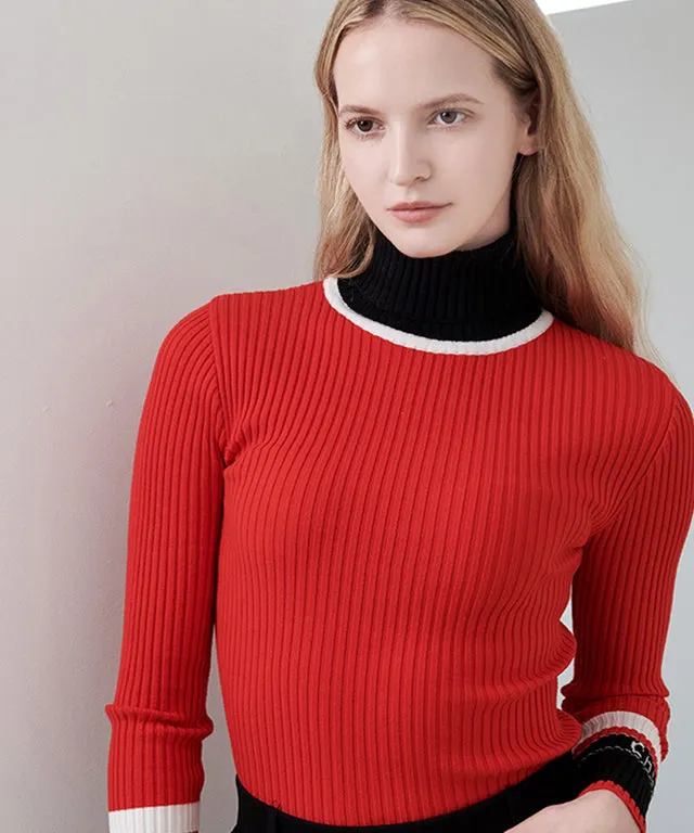 CHUCUCHU High-Neck Ribbed Knit Top - Red