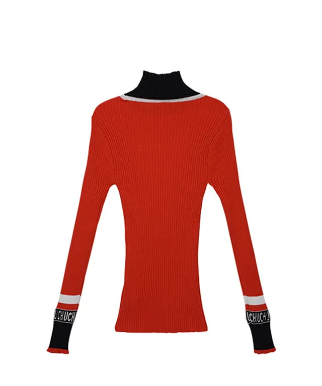 CHUCUCHU High-Neck Ribbed Knit Top - Red