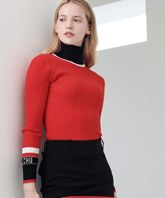 CHUCUCHU High-Neck Ribbed Knit Top - Red
