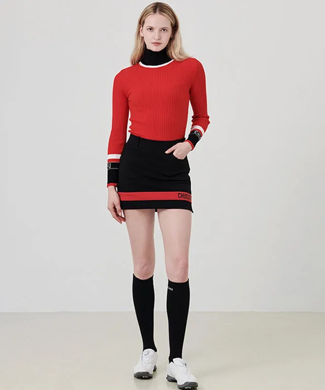 CHUCUCHU High-Neck Ribbed Knit Top - Red