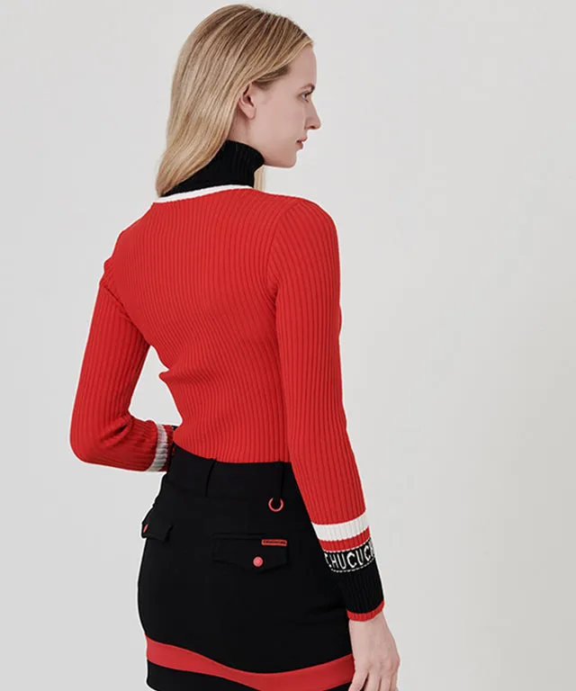 CHUCUCHU High-Neck Ribbed Knit Top - Red