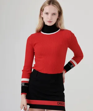 CHUCUCHU High-Neck Ribbed Knit Top - Red