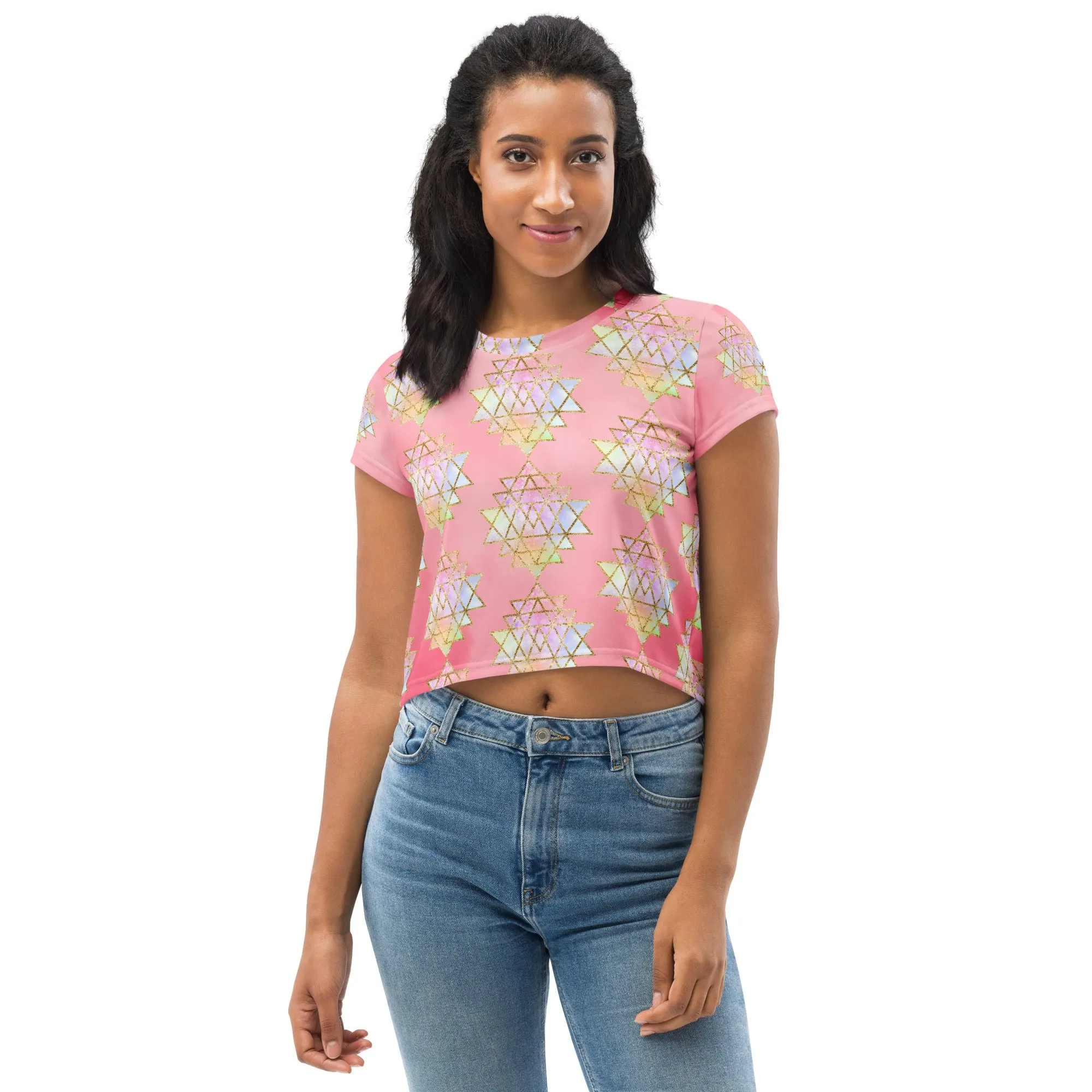 Cosmic Powers Sri Yantra Sacred Geometry Pink Crop Top by Goddess Swag