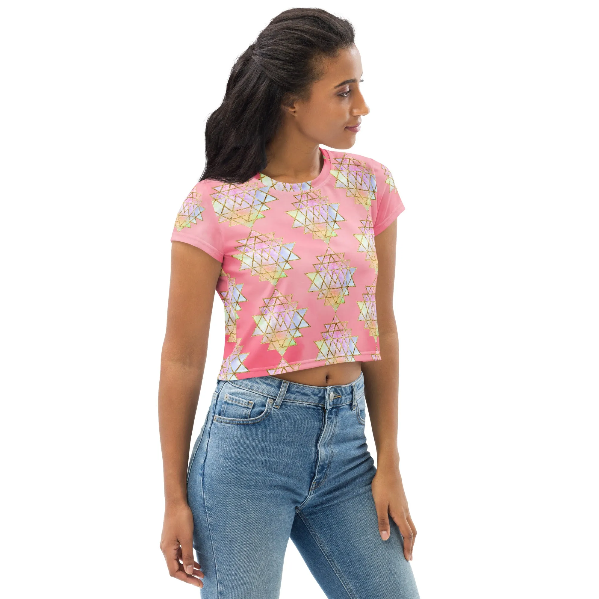 Cosmic Powers Sri Yantra Sacred Geometry Pink Crop Top by Goddess Swag