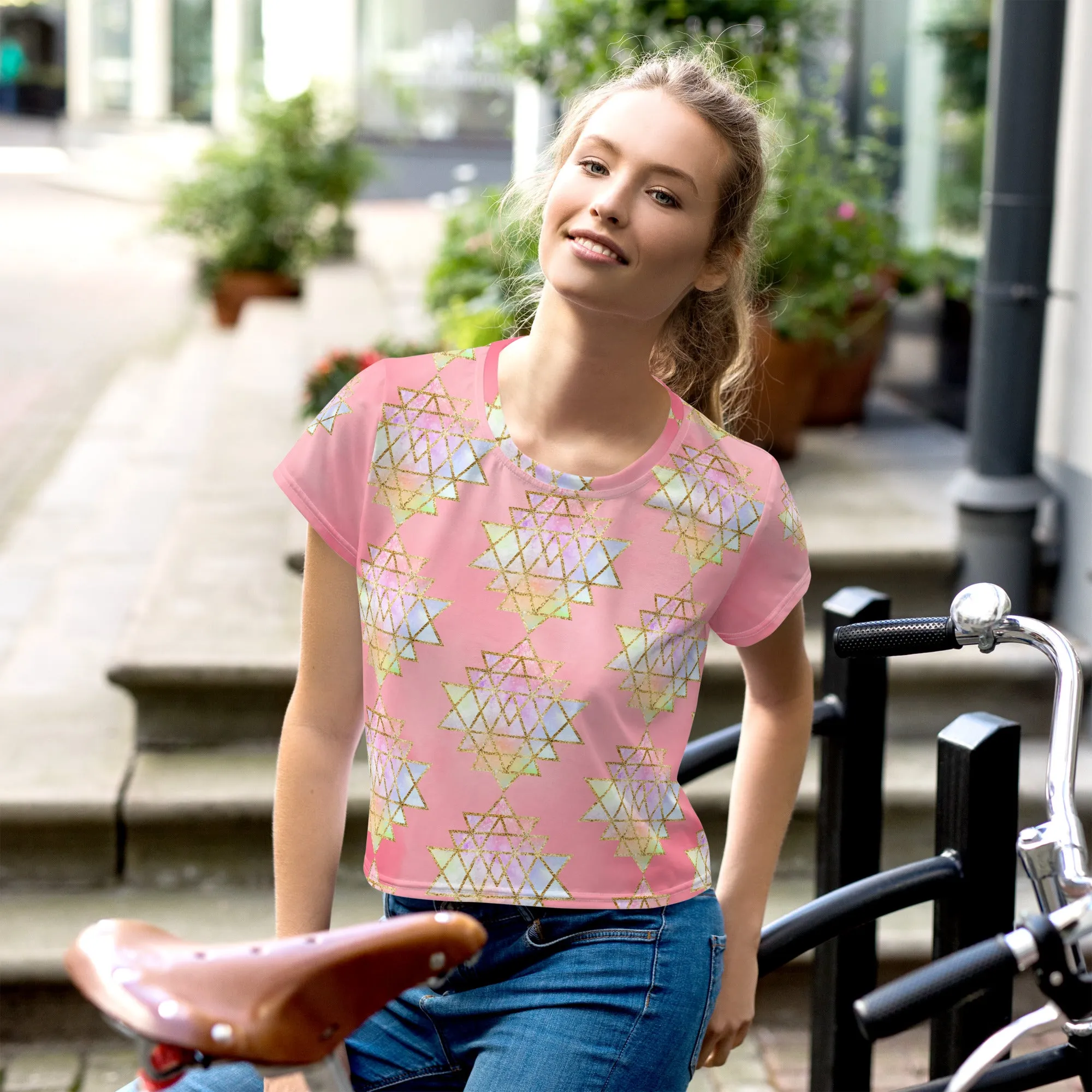 Cosmic Powers Sri Yantra Sacred Geometry Pink Crop Top by Goddess Swag