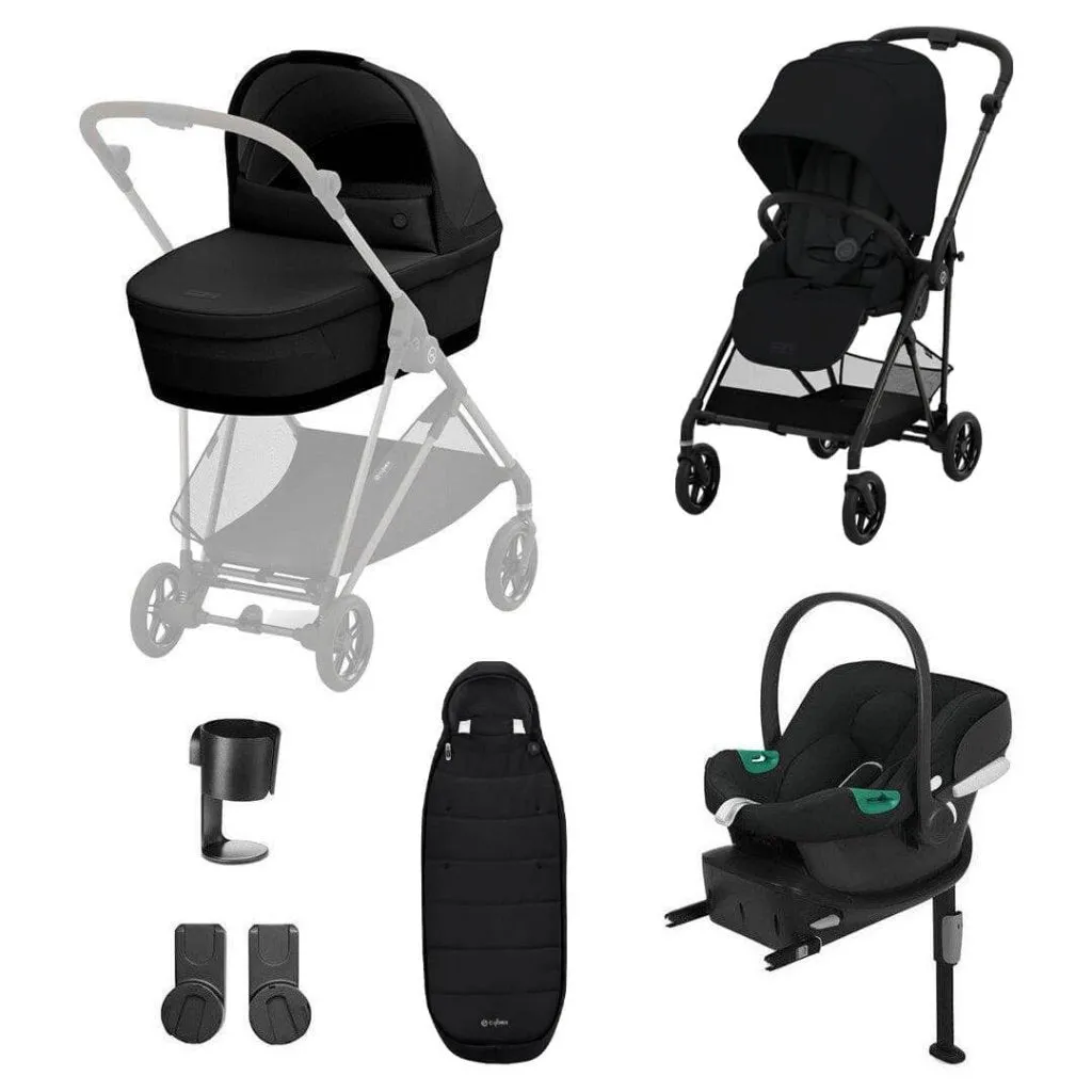 Cybex Melio Carbon Travel System Comfort Bundle with ATON B2 I-SIZE and Gold Footmuff - Moon Black