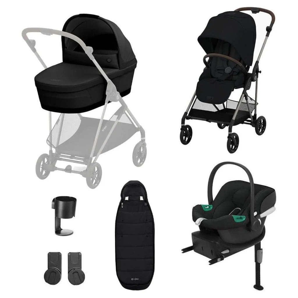 Cybex Melio Travel System Comfort Bundle with ATON B2 I-SIZE and Gold Footmuff - Moon Black
