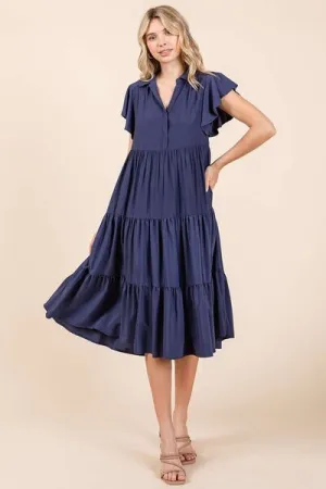 Dark Navy Ruffle Sleeve Collared V Neck Tiered Midi Dress